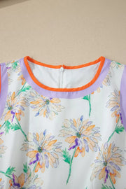 Sleeveless floral print dress with purple and orange trim and a zipper closure.