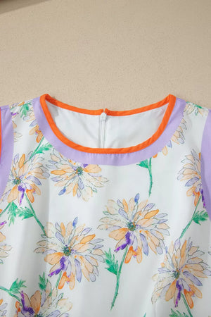 Sleeveless floral print dress with purple and orange trim and a zipper closure.