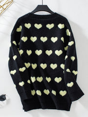 Black acrylic knit cardigan with allover light yellow hearts pattern, crew neck.