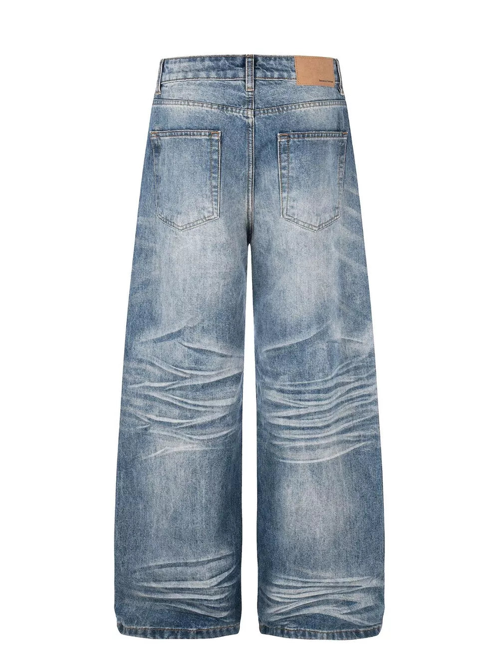 Men's wide leg vintage wash jeans in blue denim with button fly and distressed details.