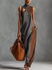 Color Block Mock Neck Sleeveless Maxi Dress Plus Size in Dark Gray, front view