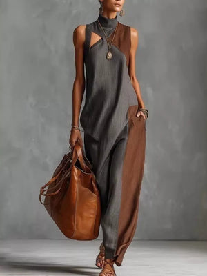 Color Block Mock Neck Sleeveless Maxi Dress Plus Size in Dark Gray, front view