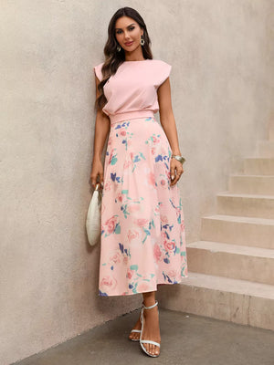 Pink structured shoulder top with floral pleated midi skirt set