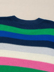 Chunky knit crewneck sweater with horizontal stripes in navy, green, blue, white, and pink.