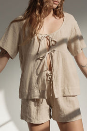 Beige cotton open-front tie-top with matching shorts set