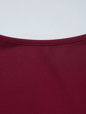 Wine red t-shirt with ribbed texture and delicate lace trim detail at the neckline.