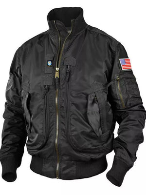 Black bomber jacket with multiple zip pockets, US flag patch, and ribbed cuffs.