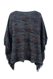 Charcoal multicolor knit poncho with fringe detail and boat neck
