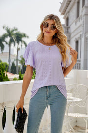 Lilac eyelet flounce sleeve crew neck top with allover perforations
