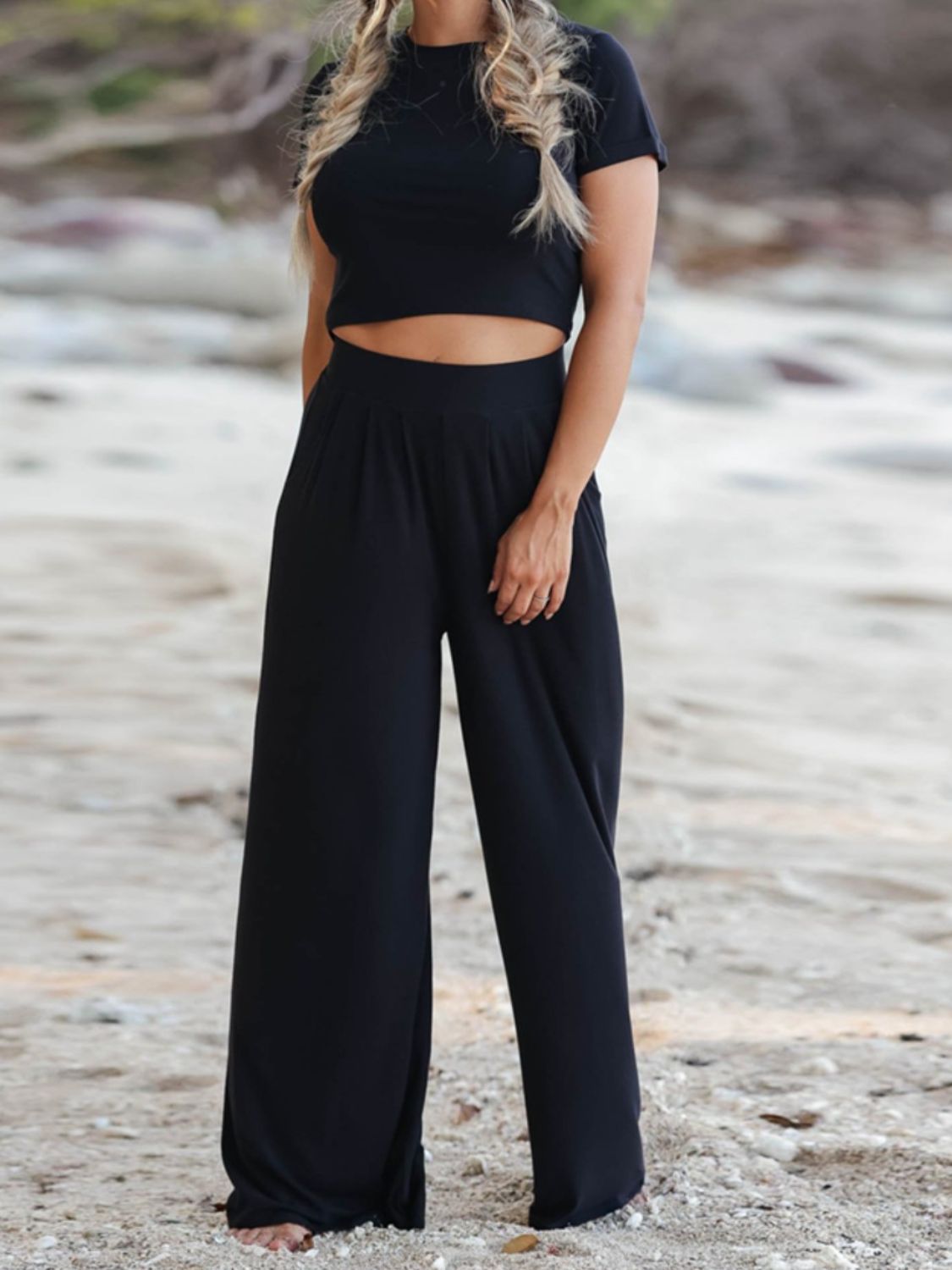 Black pleated waist crop top and wide leg pants set
