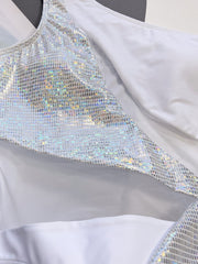 White one-shoulder swimsuit with holographic sequin panel detail