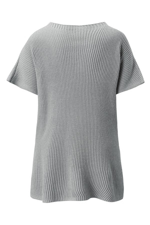 Gray ribbed knit cape sleeve top with a relaxed fit and short sleeves.