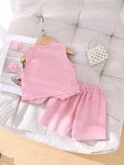 Children's Bow Button Up Vest And Skirt Set in Pink, fabric detail