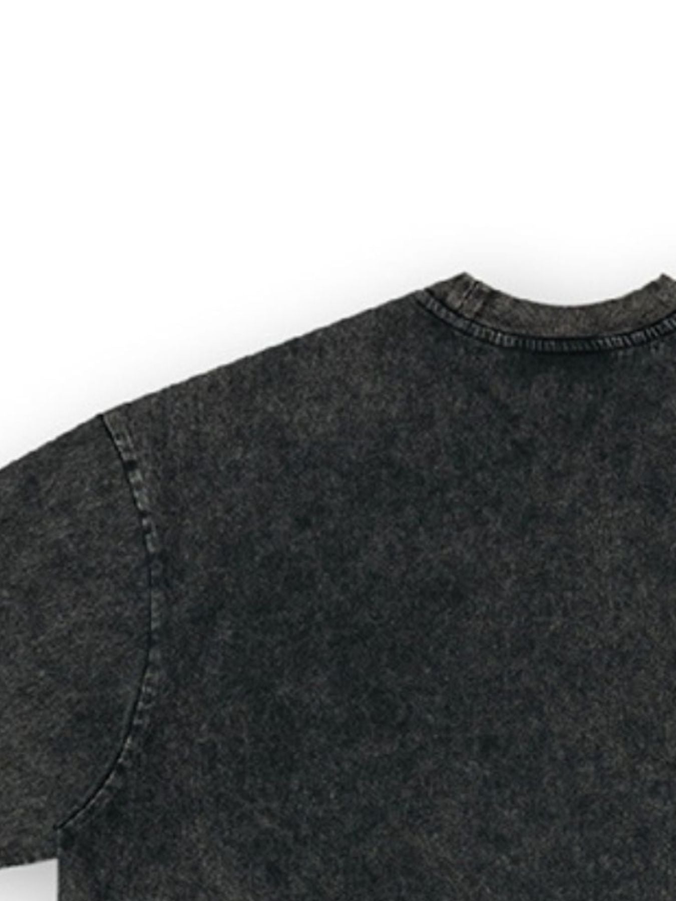 Men's dark gray acid wash cotton blend crew neck t-shirt detail