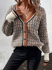 Geometric knit cardigan in caramel with button front and contrast trim.