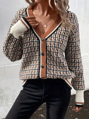 Geometric knit cardigan in caramel with button front and contrast trim.