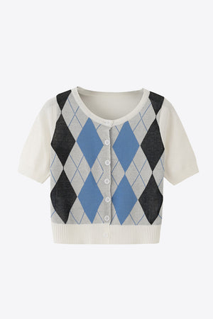 Argyle knit cropped cardigan with short sleeves and button front in blue, grey, and black.