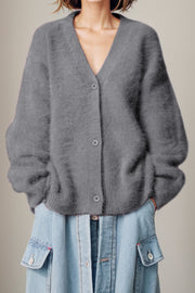 Fluffy angora V-neck cardigan in dark gray with button front and balloon sleeves.