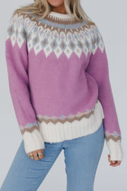 Pink purple Fair Isle yoke knit pullover sweater with diamond pattern and ribbed cuffs.