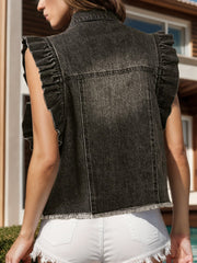 Black denim vest with ruffled sleeves and frayed hem.
