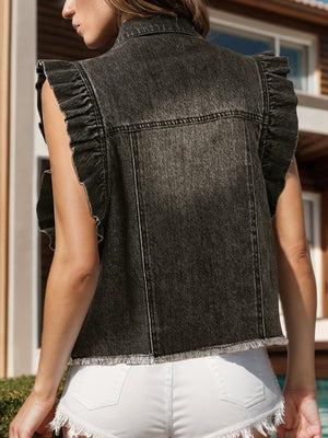 Black denim vest with ruffled sleeves and frayed hem.