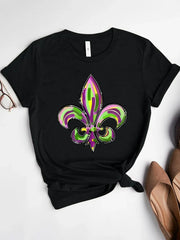 Black t-shirt with a colorful Mardi Gras fleur-de-lis graphic print.