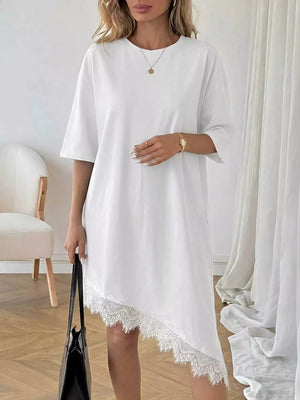 White asymmetrical t-shirt dress with lace trim hem