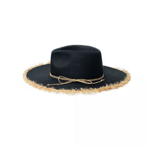 Black straw sun hat with frayed brim and twine bow detail