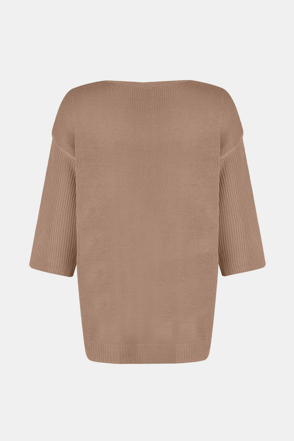 Tan knit sweater with V-neck and flared sleeves.