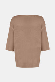 Tan knit sweater with V-neck and flared sleeves.