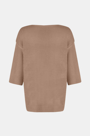 Tan knit sweater with V-neck and flared sleeves.