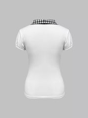 White maternity shirt with black gingham collar and puffed short sleeves