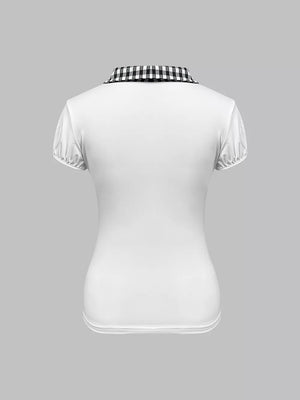 White maternity shirt with black gingham collar and puffed short sleeves