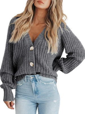 Dark Gray knit cardigan with voluminous sleeves and button front, V-neck.