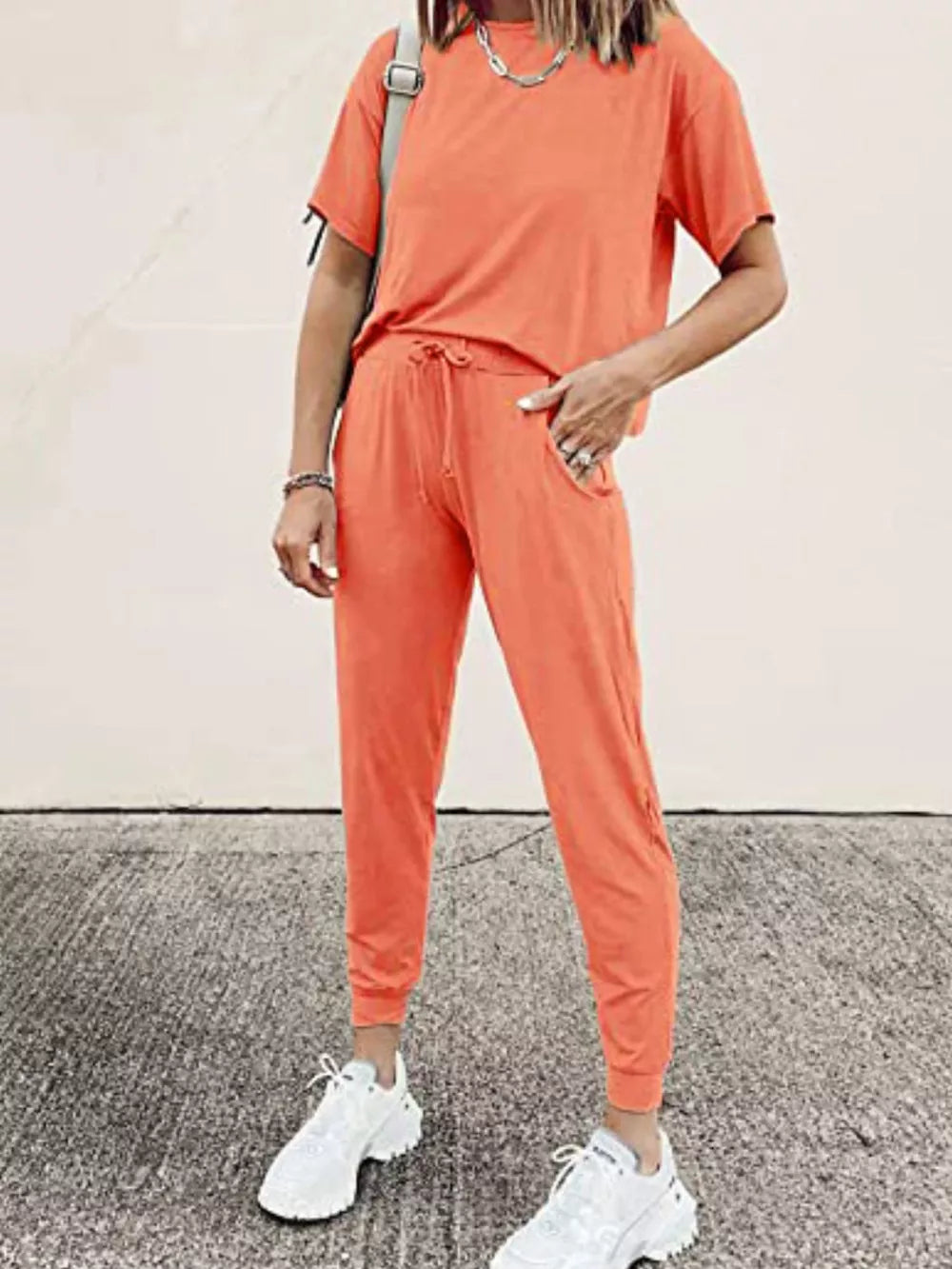 Apricot cotton round neck top and jogger pants set with drawstring waist