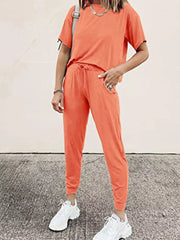 Apricot cotton round neck top and jogger pants set with drawstring waist