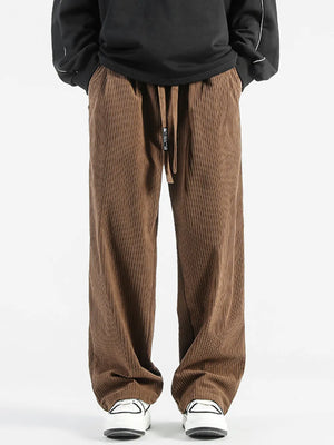 Brown corduroy wide-leg sweatpants with drawstring waist and pockets.