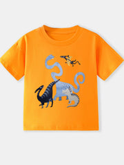 Orange crew neck t-shirt with a playful dinosaur graphic for toddlers.