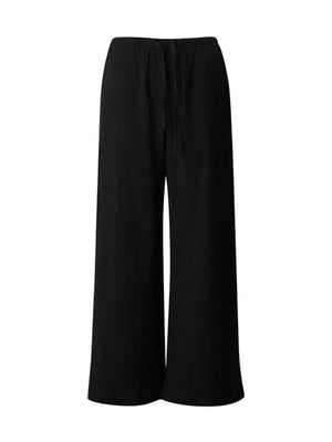 Black crinkled wide-leg pants with drawstring waist