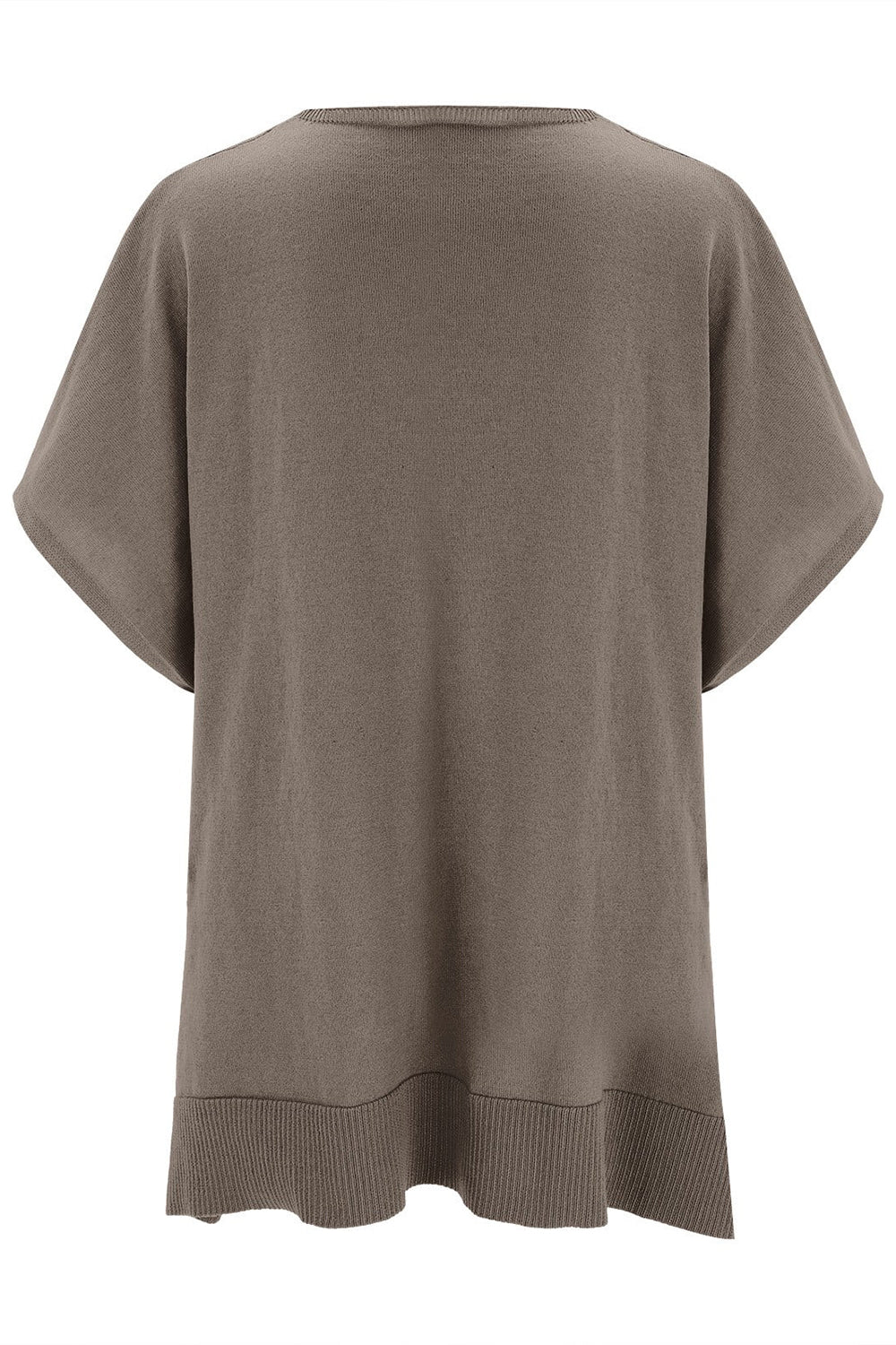 Relaxed V-neck knit poncho top in brown with short sleeves and ribbed hem.