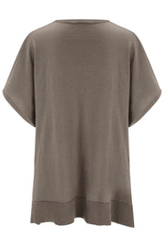 Relaxed V-neck knit poncho top in brown with short sleeves and ribbed hem.