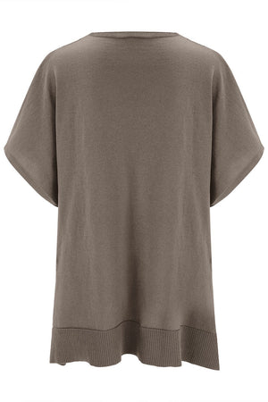 Relaxed V-neck knit poncho top in brown with short sleeves and ribbed hem.
