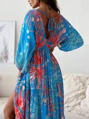 Printed V-neck Balloon Sleeve Maxi Dress in Black, fabric detail