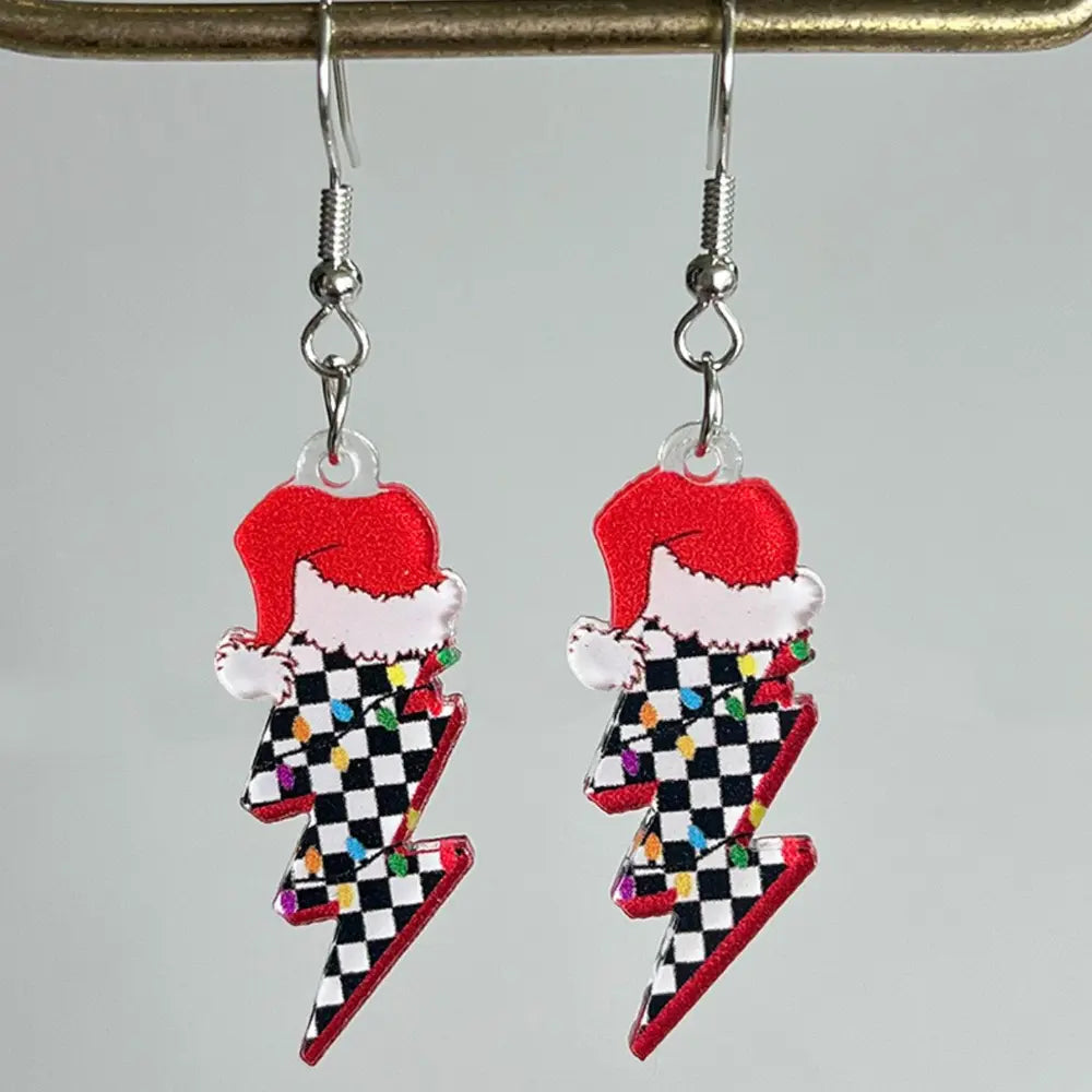 Festive acrylic novelty drop earrings with Santa hats, checkered lightning bolts, and colorful string lights.