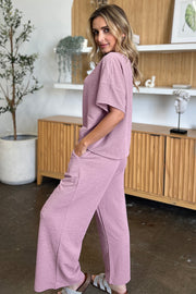 Textured cocoon top and wide leg pants set in dusty pink, casual outfit