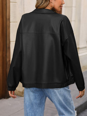 Black faux leather bomber jacket with elastic cuffs and hem, shown from the back.