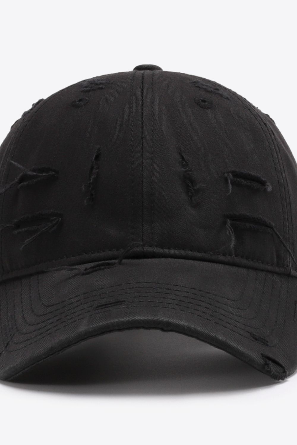 Black distressed baseball cap with ripped details