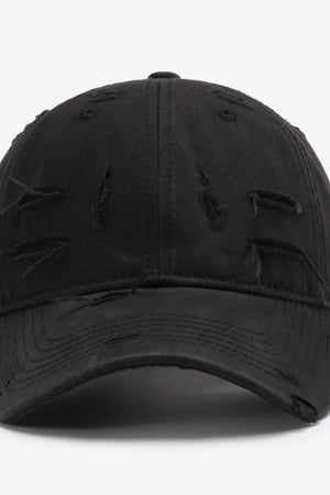 Black distressed baseball cap with ripped details