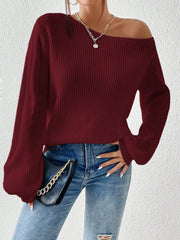 Burgundy off-shoulder ribbed knit top with balloon sleeves.