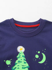 Navy cotton crew neck toddler t-shirt with Christmas tree graphic and red trim detail.